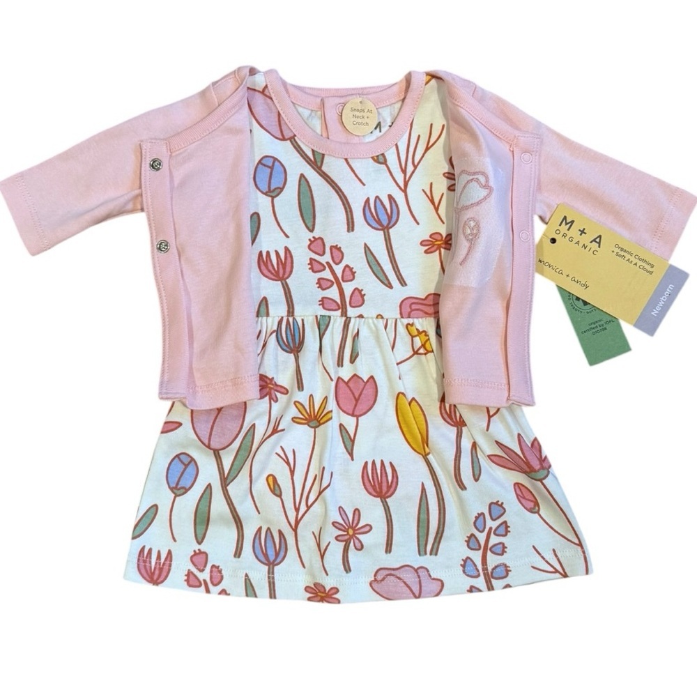 Monica + Andy Organic Newborn Dress & Cardigan Set Pink Floral NWT GOTS - Picture 2 of 12